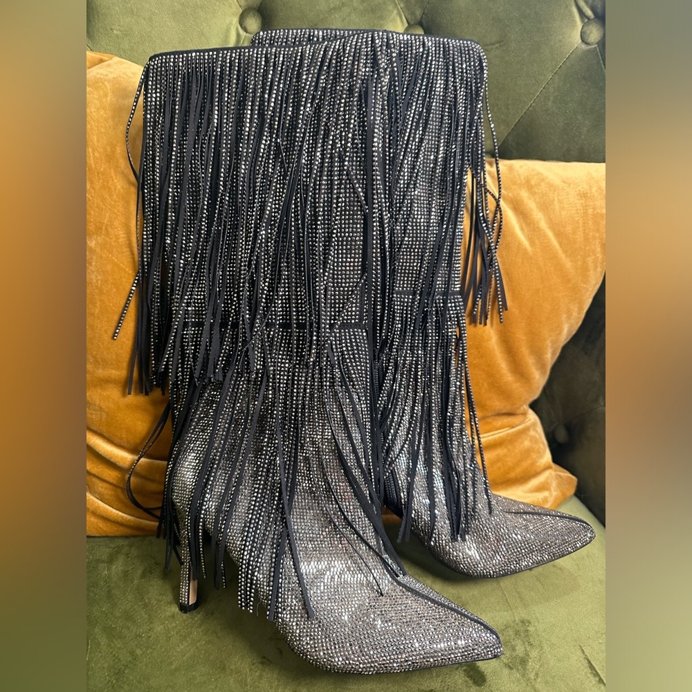 INC IShani Black & Silver Bling Fringe Heeled Boots Womens 6